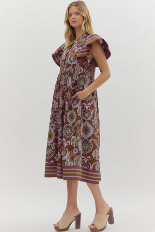 Marla Red Bean Multi-print Midi Dress