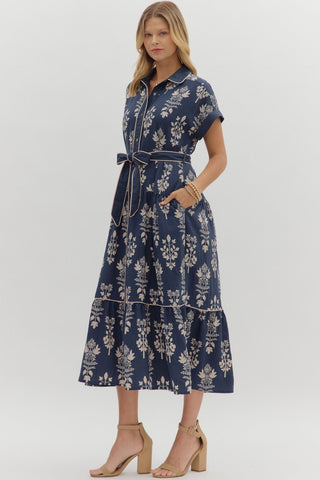 Rima Navy Botanical Midi Dress