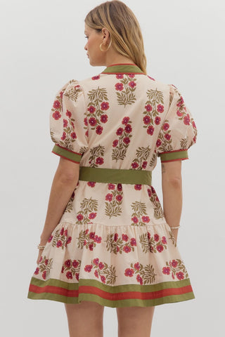 Tarin Cream & Green Floral Belted Tie Dress