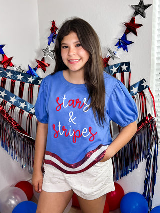 Stars & Stripes Blue Graphic Corded Sequin Puff Sleeve Top
