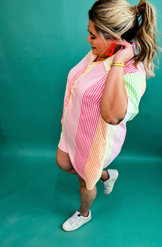 Be On Time Neon Striped Short Sleeve Shirt Romper