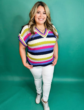 Pita Multicolor Striped Knit Short Sleeve Top