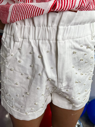 Brady Off White Twill Paper Bag Pearl Studded Shorts