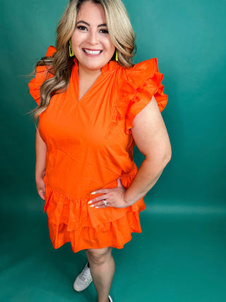 Ladonna Orange Poplin Ruffle Sleeves Mini Tiered Dress