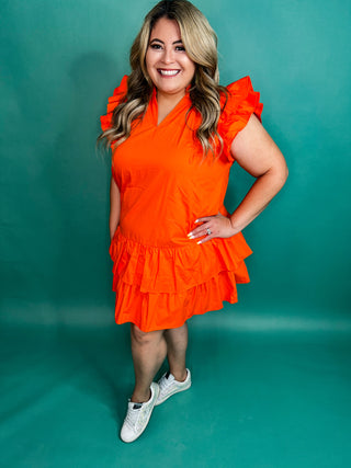 Ladonna Orange Poplin Ruffle Sleeves Mini Tiered Dress