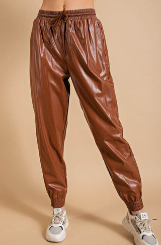 Time For A Change Faux Leather Joggers-Brick
