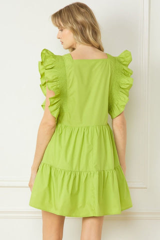 God's Truth Baby Doll Ruffle Sleeves Lime Green Dress