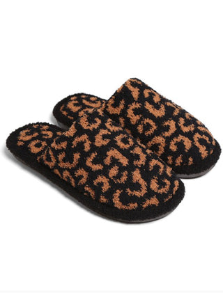 Black Leopard Fuzzy Warm Cozy Slippers