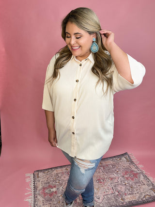 Aldina Beige Crinkled Pleating Button Down Loose Fit Top
