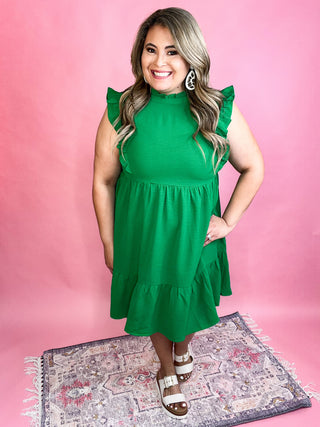 In His Time Solid Kelly Green Ruffled Sleeves Dress