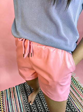 Solid Pink Faux Leather Drawstring Shorts