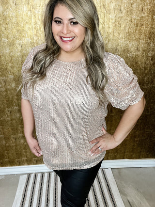 New Me Champagne Sequin Puff Sleeve Top-Curvy