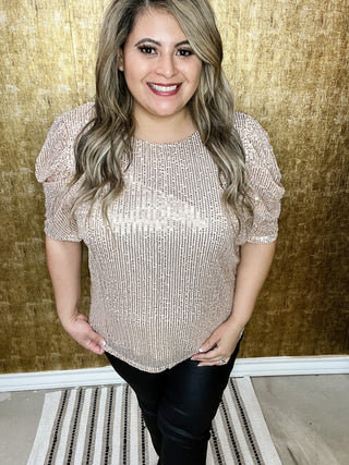 New Me Champagne Sequin Puff Sleeve Top-Curvy