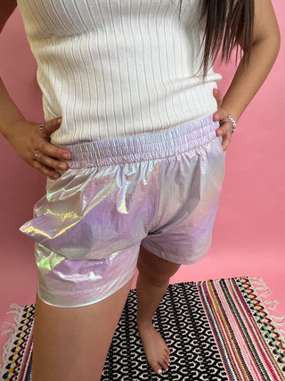 Iridescent Nylon Fabric Purple Rainbow Lined Shorts
