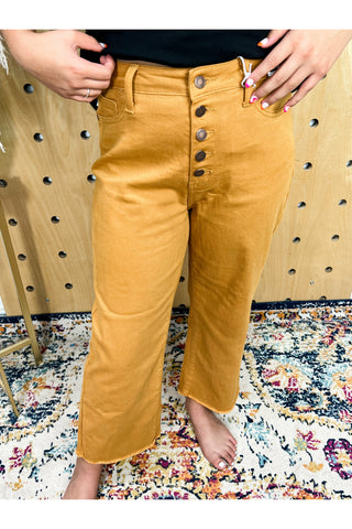 JB High Rise Cropped Button Fly Wide Leg Jeans-Mustard