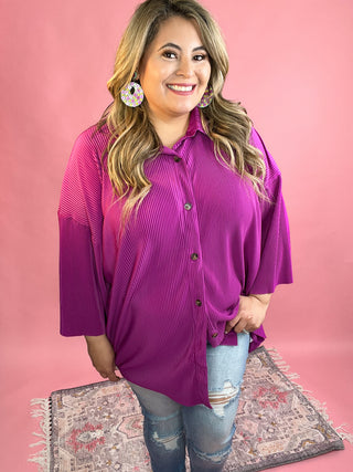 Aldina Magenta Crinkled Pleating Button Down Loose Fit Top