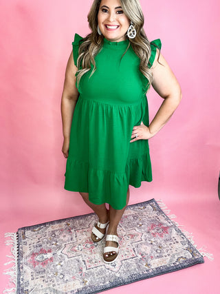 In His Time Solid Kelly Green Ruffled Sleeves Dress