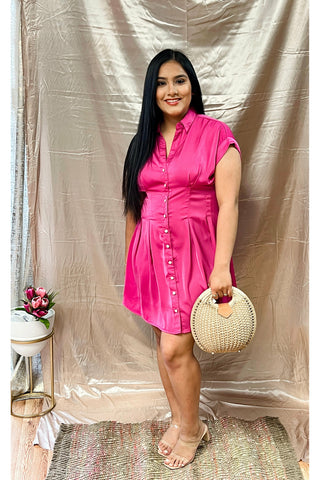 Demetri Satin Button Up Dress- Hot Pink