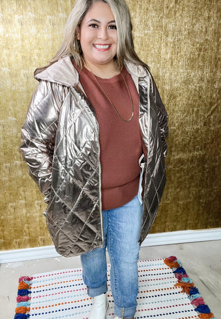 Bronze Quilted Faux Leather Puffer Jacket