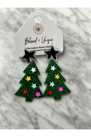 Green Glitter Star Tree Earrings