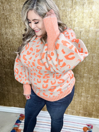 Into You Leopard Pullover Sweater-Taupe/Orange