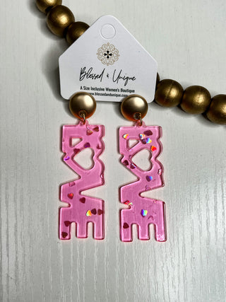 LOVE Acrylic Pink Earrings
