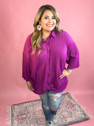 Aldina Magenta Crinkled Pleating Button Down Loose Fit Top