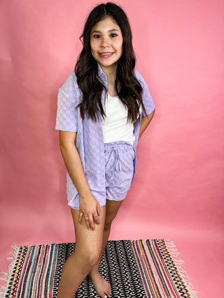 Check On Me Checkered Textured Button Down Lavender Top