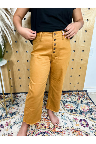 JB High Rise Cropped Button Fly Wide Leg Jeans-Mustard
